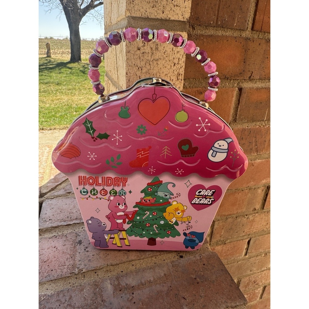 Care Bear Christmas Tin Box With Beaded Handle Brand New